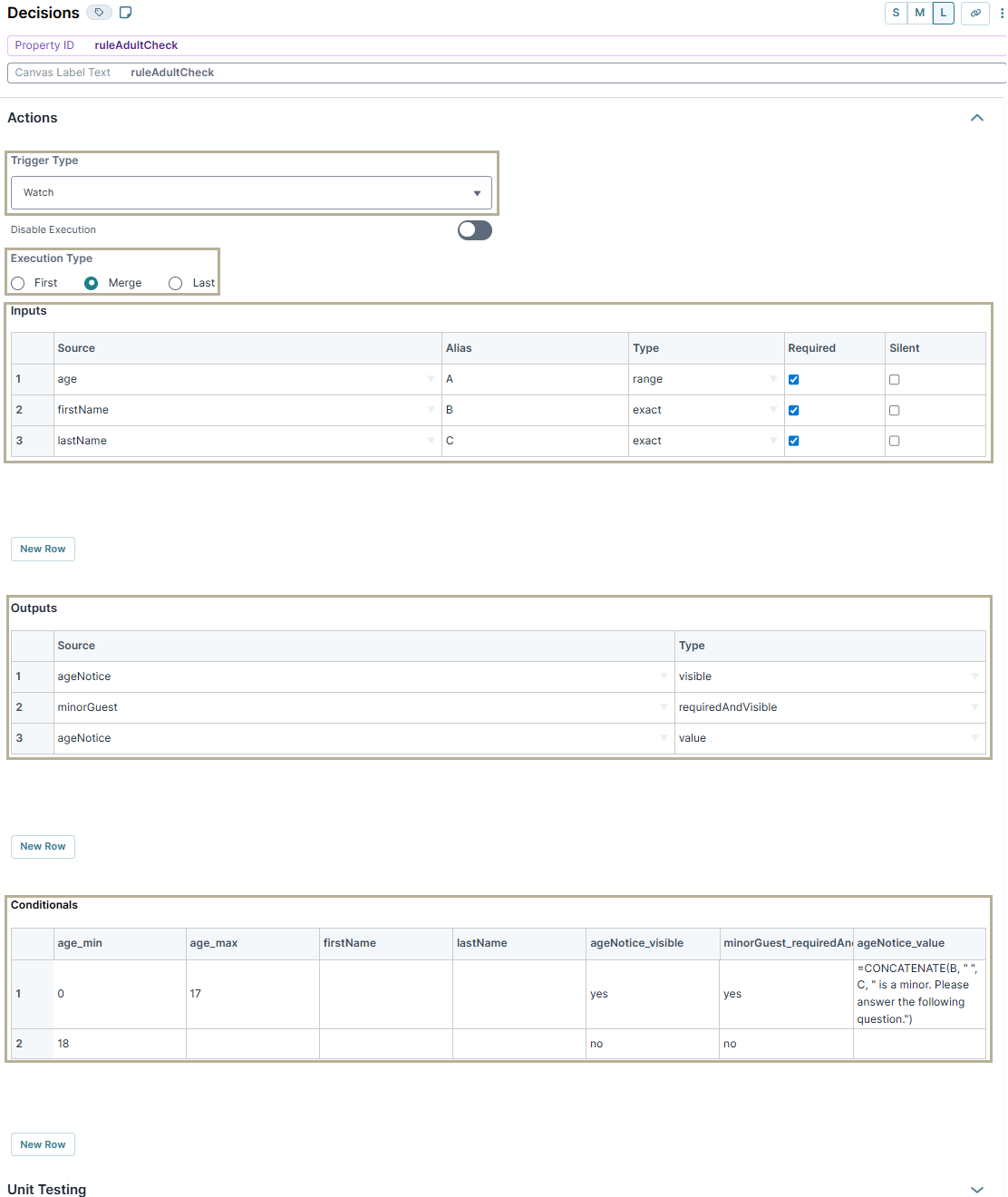 A static image displaying the configuration of the ruleAdultCheck Decisions component in the UDesigner.