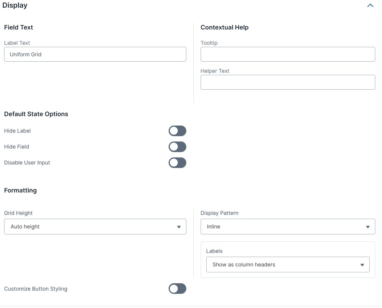 A static image displaying the Display Panel of the Uniform Grid component in the UDesigner.