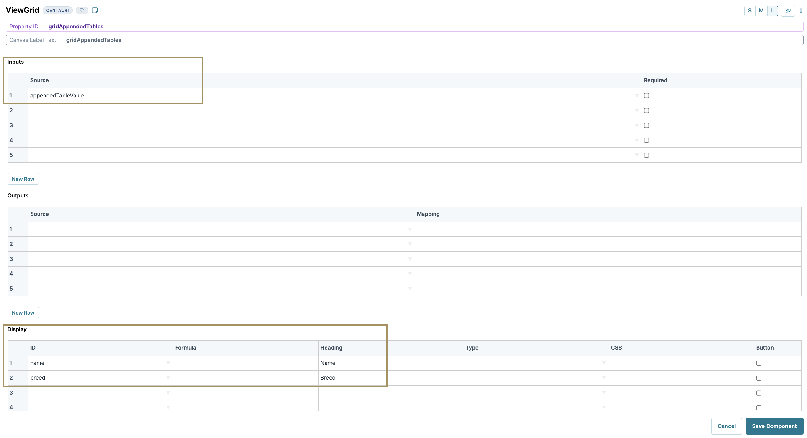 Grid layout displaying input and output fields for data mapping and display settings.