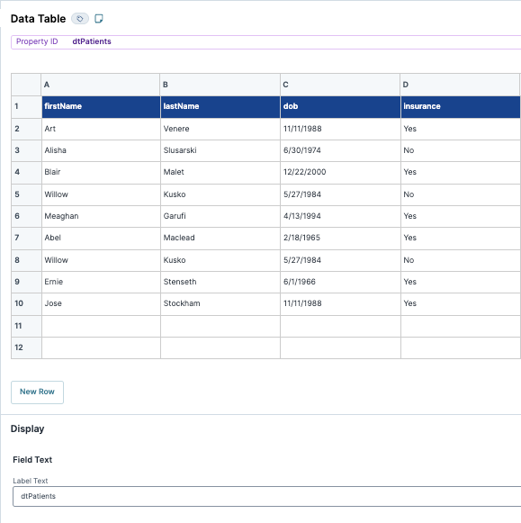 Data table displaying patient information including names, dates of birth, and insurance status.