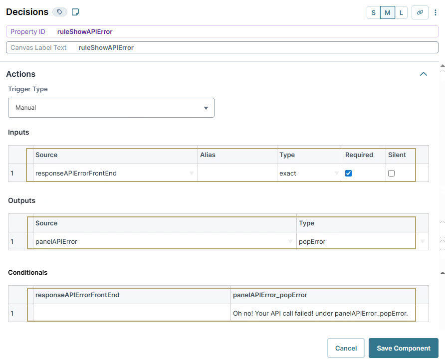 A static image displaying the Decision component showing API error handling with inputs and outputs configuration.