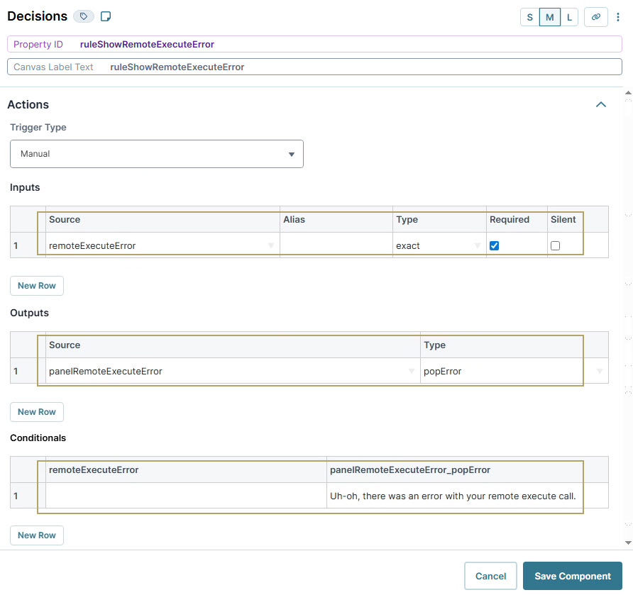 A static image displaying the Decision component showing inputs, outputs, and conditionals for remote execution error handling.