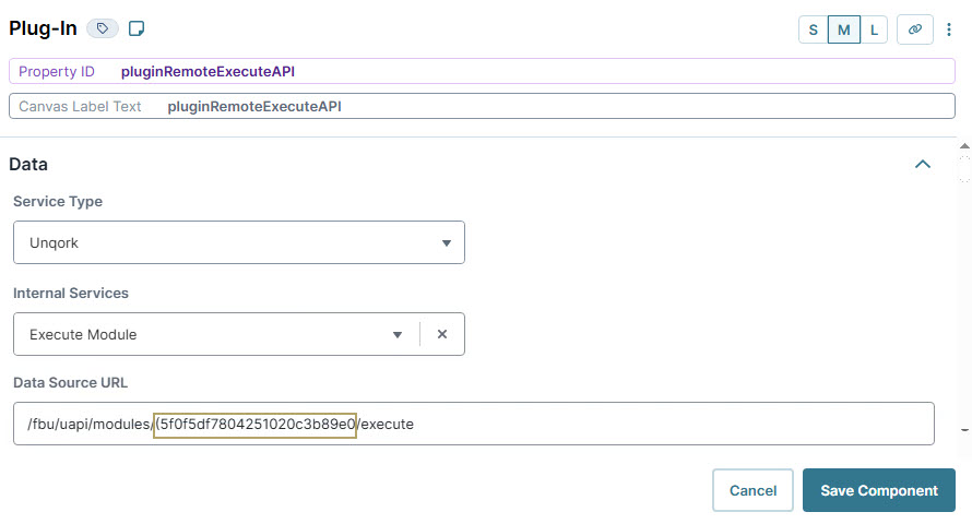 A static image displaying the Configuration settings for Unqork plugin with data source URL and service type options.