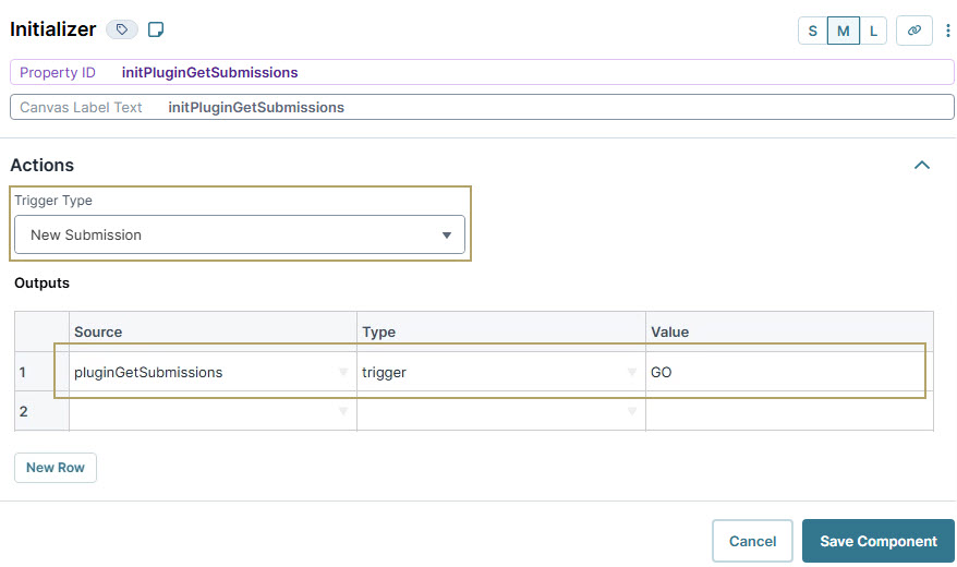 A static image displaying the Settings for a new submission trigger with output parameters displayed in a table.