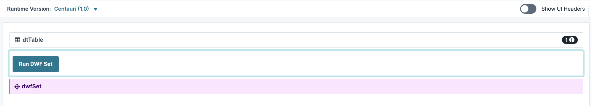 Interface showing options to run DWF Set and view dtTable settings.