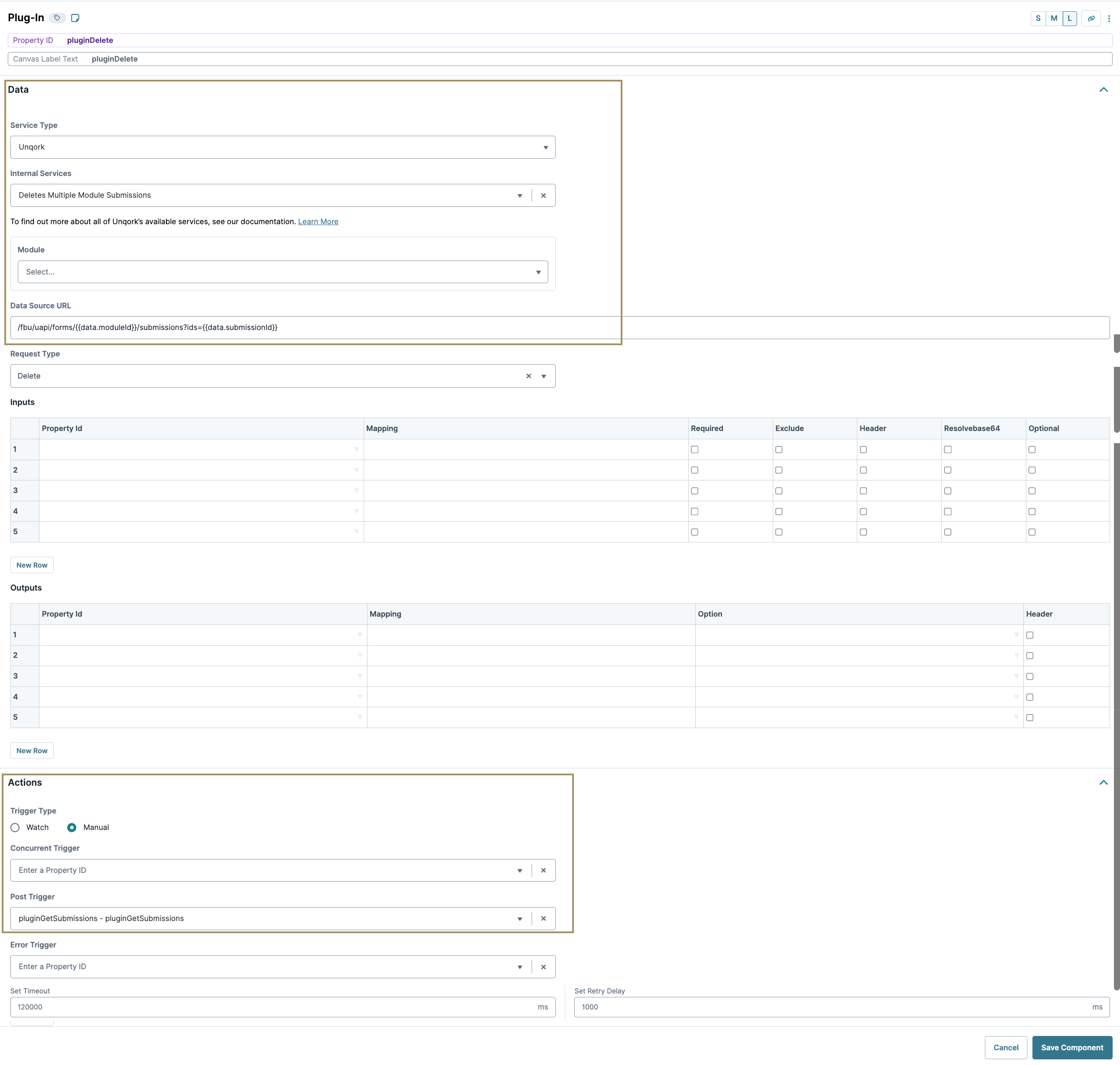 Configuration settings for a plugin, including data source and action triggers.