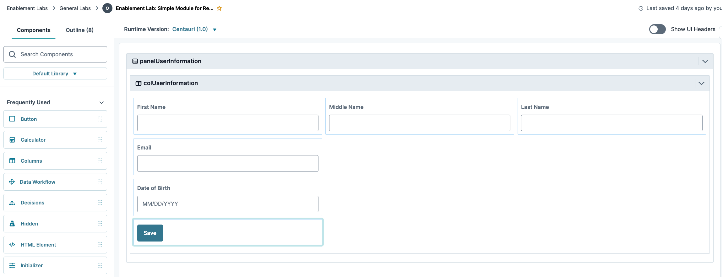 User information form with fields for name, email, and date of birth.