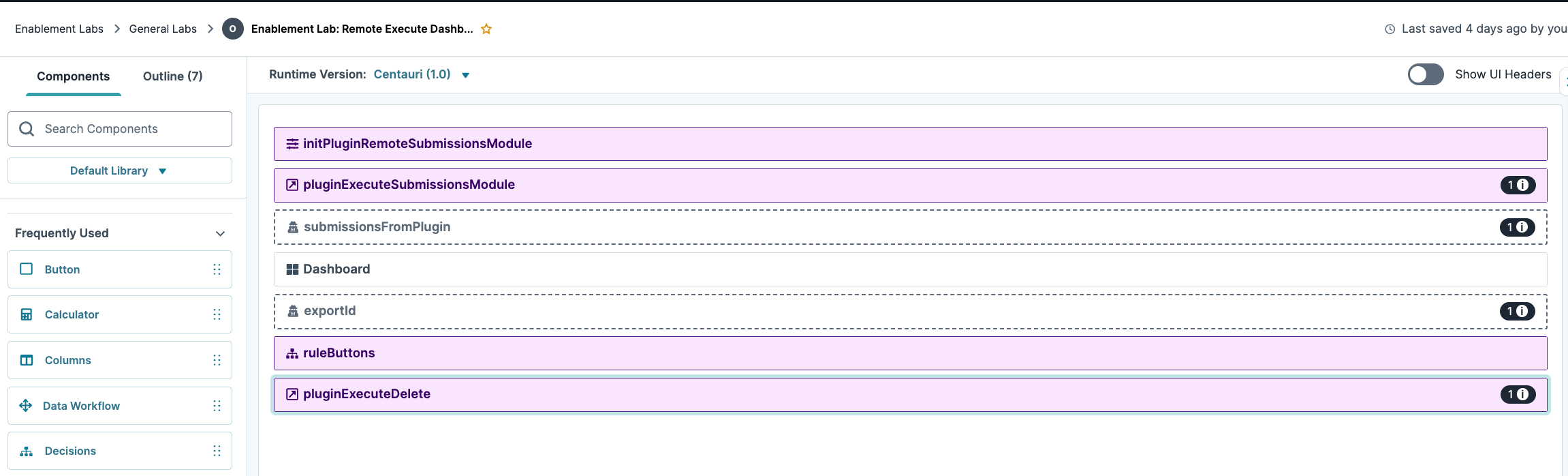 Overview of components in the Enablement Lab dashboard with highlighted modules and options.