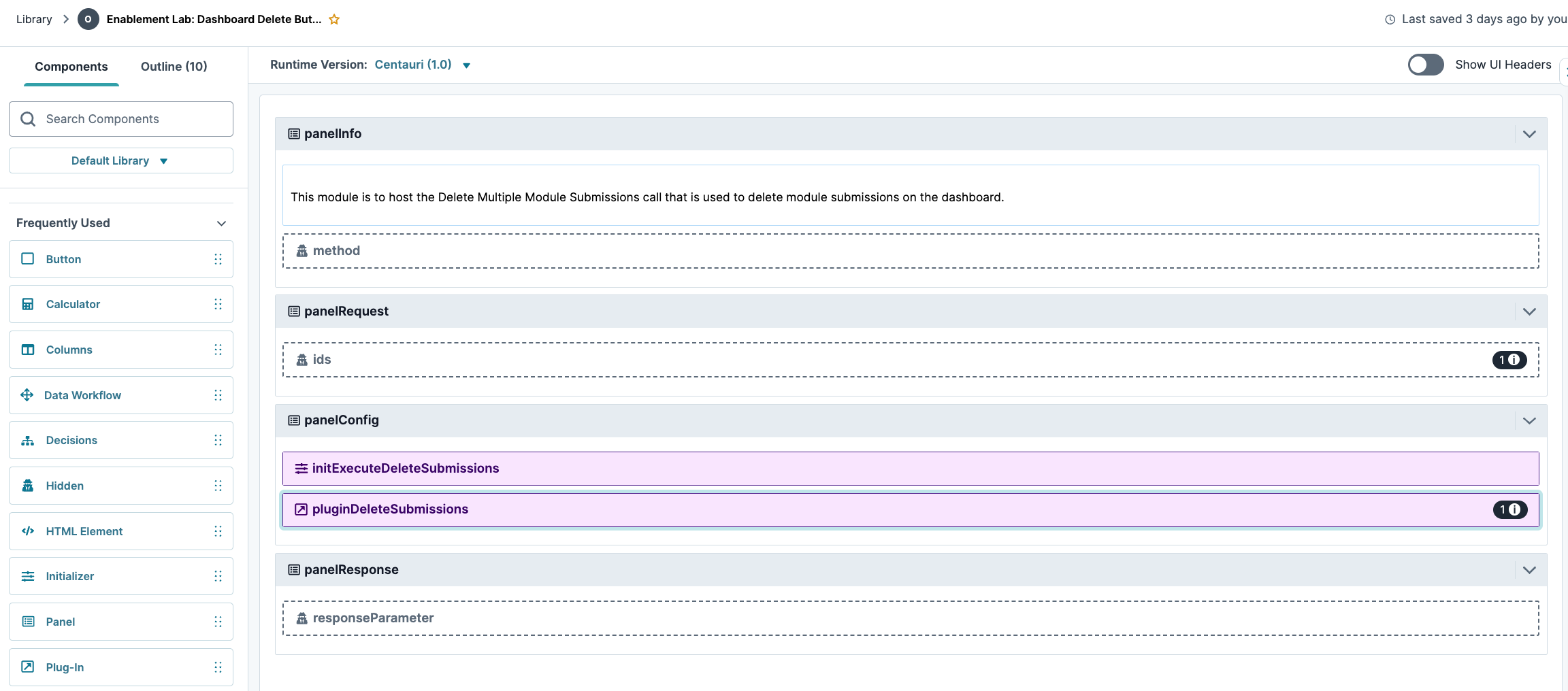 Dashboard interface displaying components for deleting multiple module submissions.