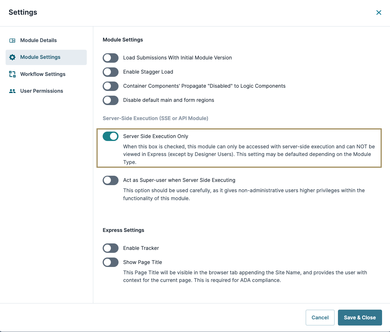 Settings panel showing options for server-side execution and user permissions configuration.
