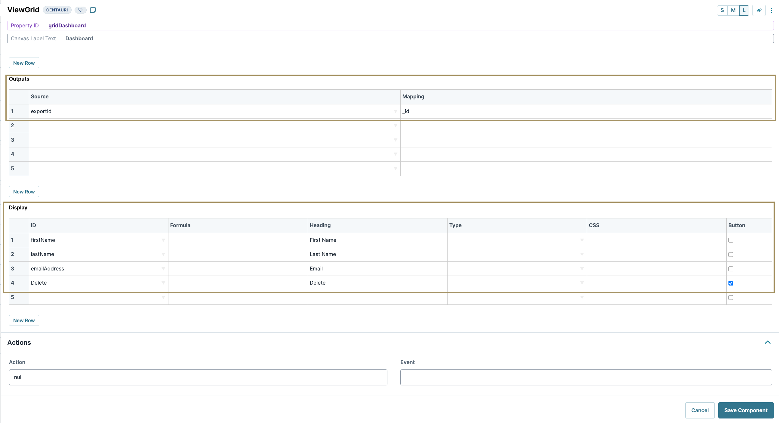 Dashboard layout displaying data fields for user information and actions.