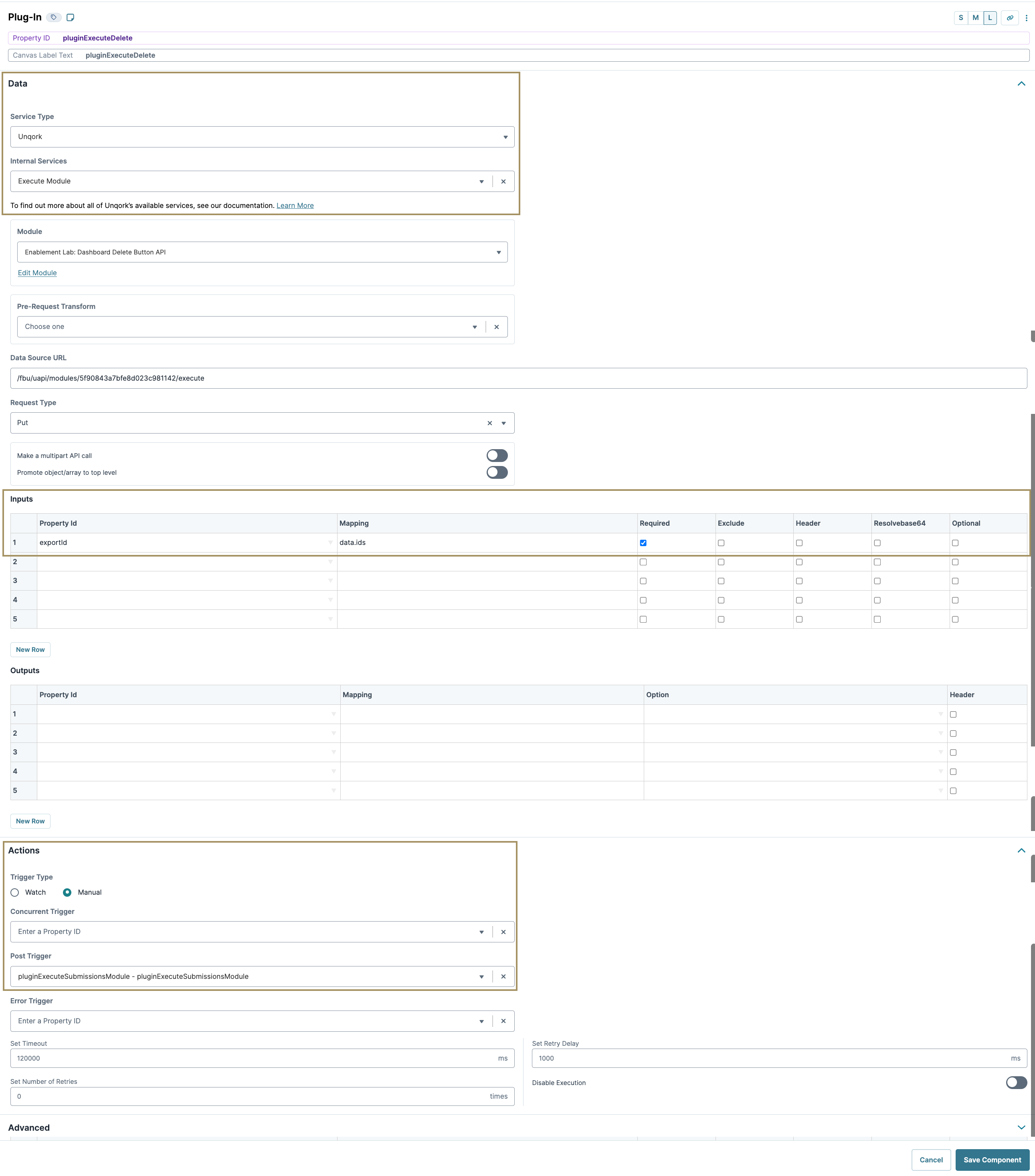 Configuration settings for a plugin execution module with input and output mappings.