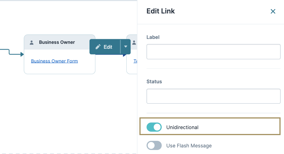 Editing link settings for a business owner form with options for status and label.