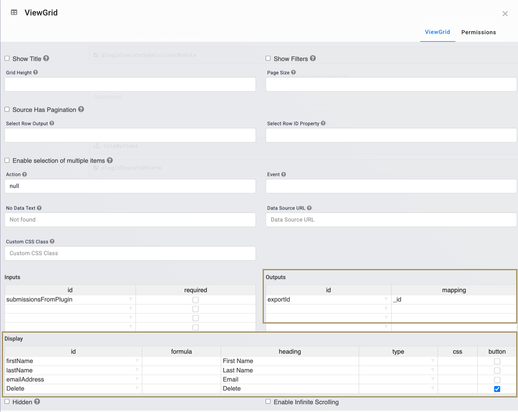 Configuration settings for a ViewGrid, including inputs and outputs for data mapping.