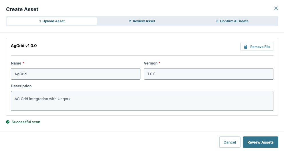 Create asset form for AgGrid version 1.0.0 with successful scan notification.