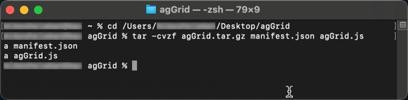 Terminal window showing commands to create a tar.gz file from project files.