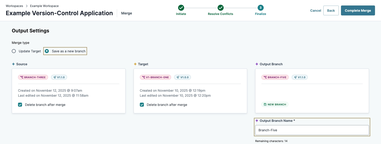 Settings for merging branches in a version control application interface.