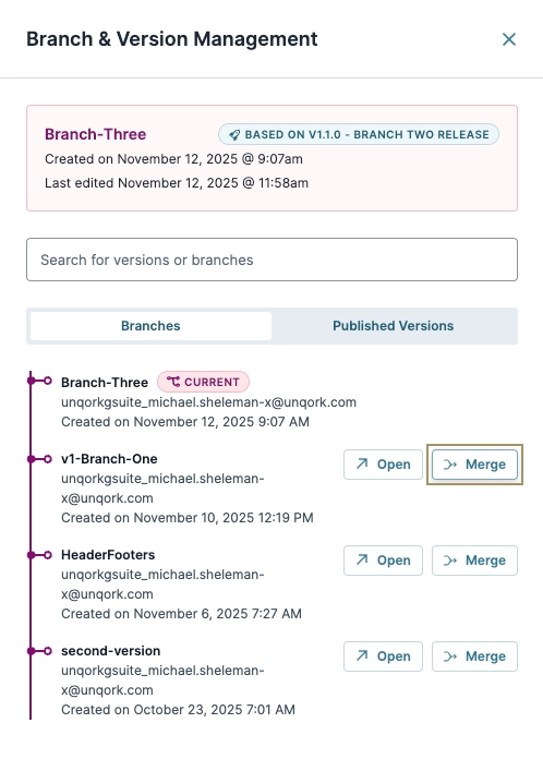 Branch management interface showing current and previous branches with merge options.