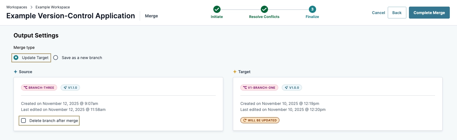 Settings for merging branches in a version-control application interface.