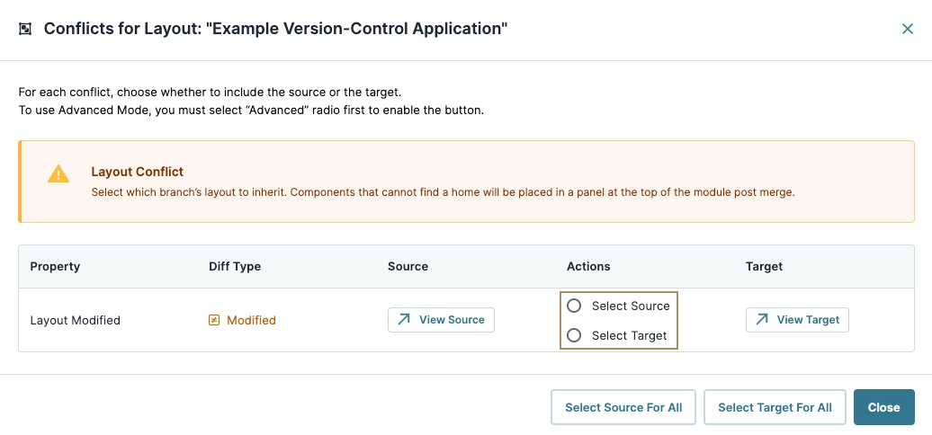 Layout conflict resolution options for version control application, highlighting source and target selection.