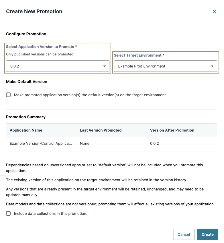 Configuration options for promoting an application version in a production environment.