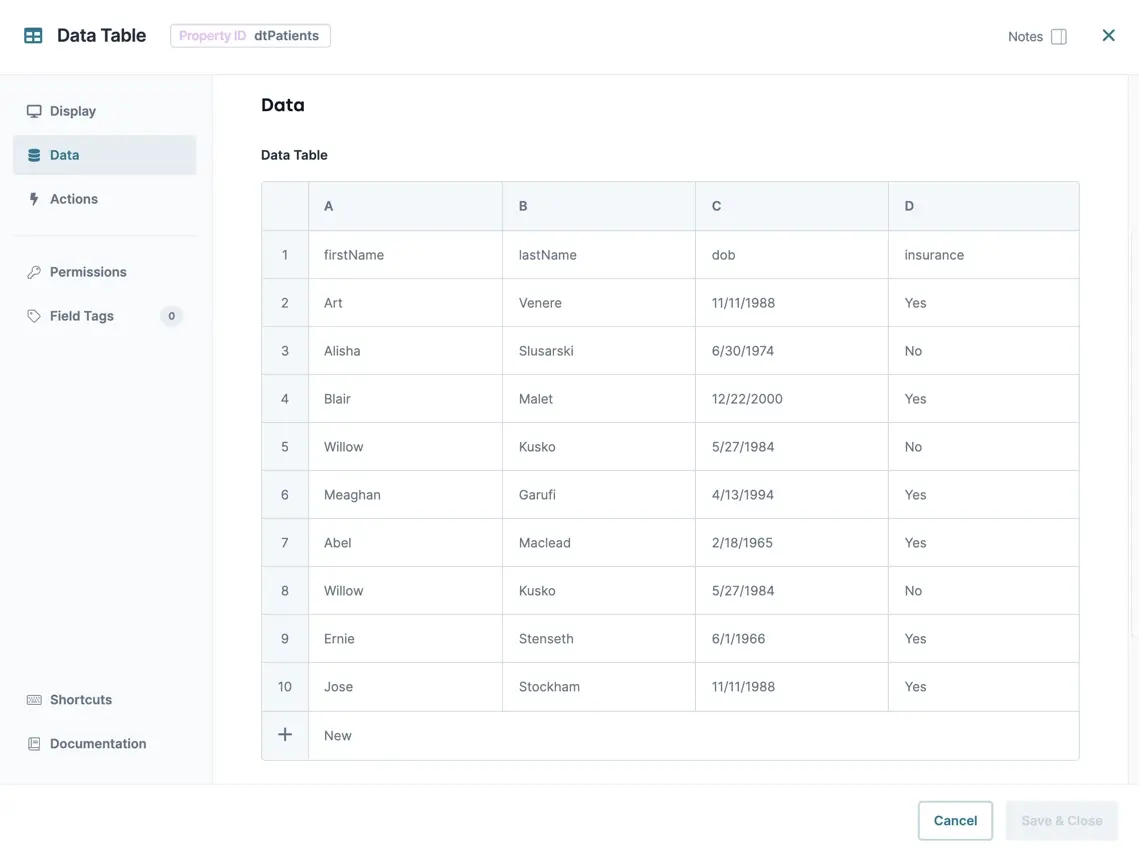 Data table displaying patient information including names, dates of birth, and insurance status.