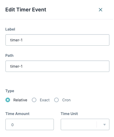 Form to edit timer event with fields for label, path, and type selection.