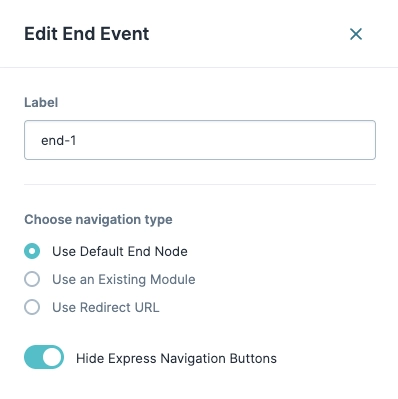 Editing an end event with options for navigation type and label settings.