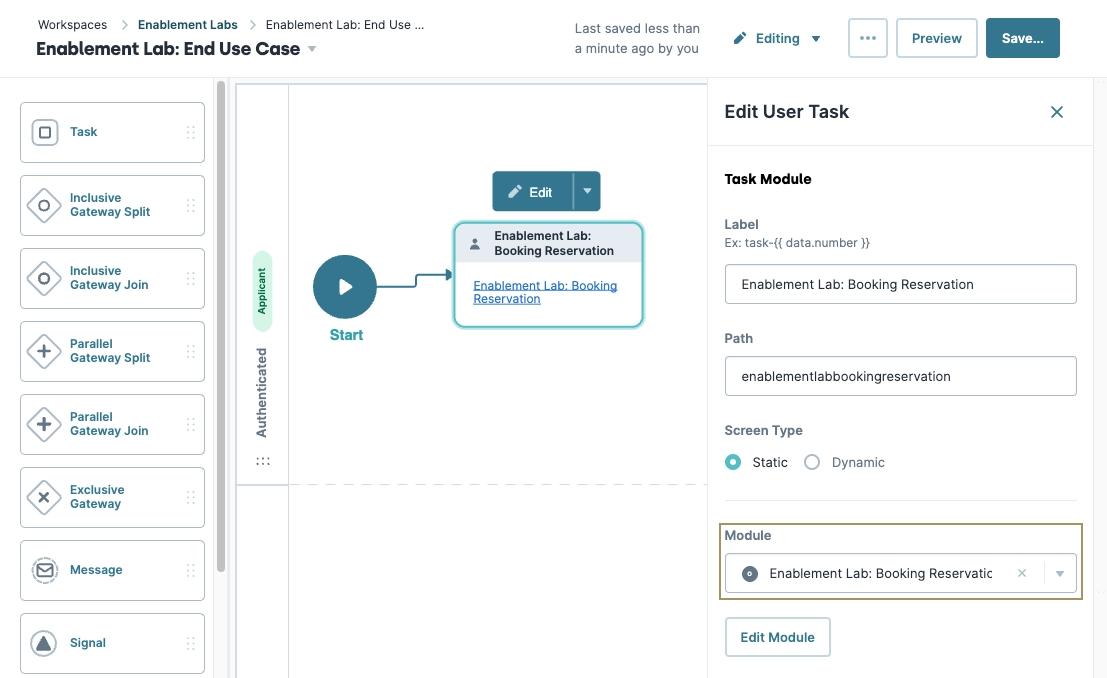 Flowchart illustrating the Enablement Lab: Booking Reservation task module and its components.