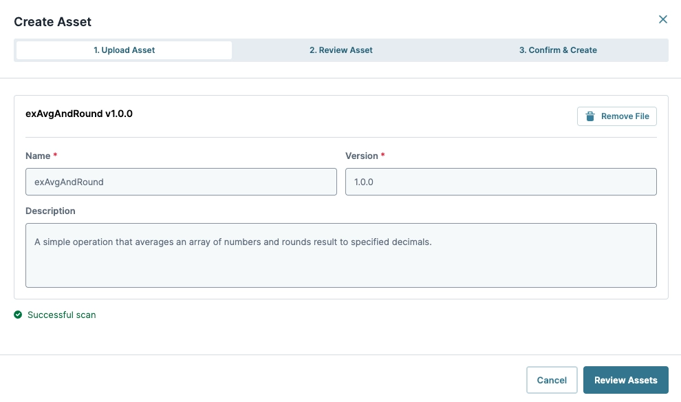 Form for creating an asset with name, version, and description fields displayed.