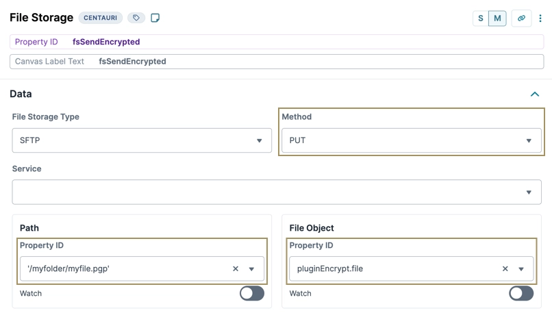 File storage settings showing SFTP method, path, and file object details for encryption.