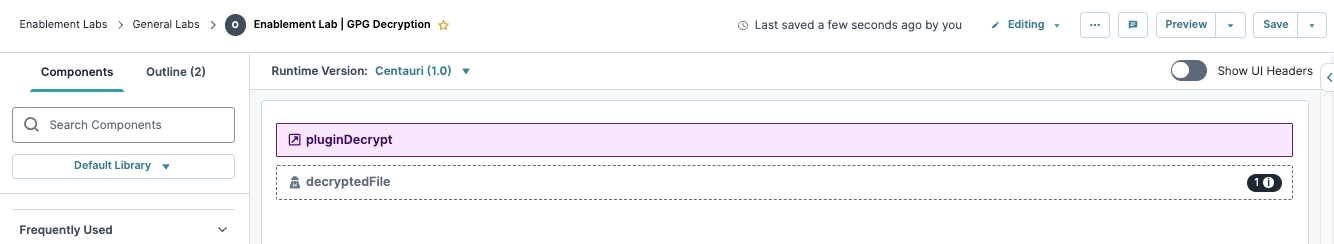 Interface showing components for GPG decryption with highlighted plugin and decrypted file.