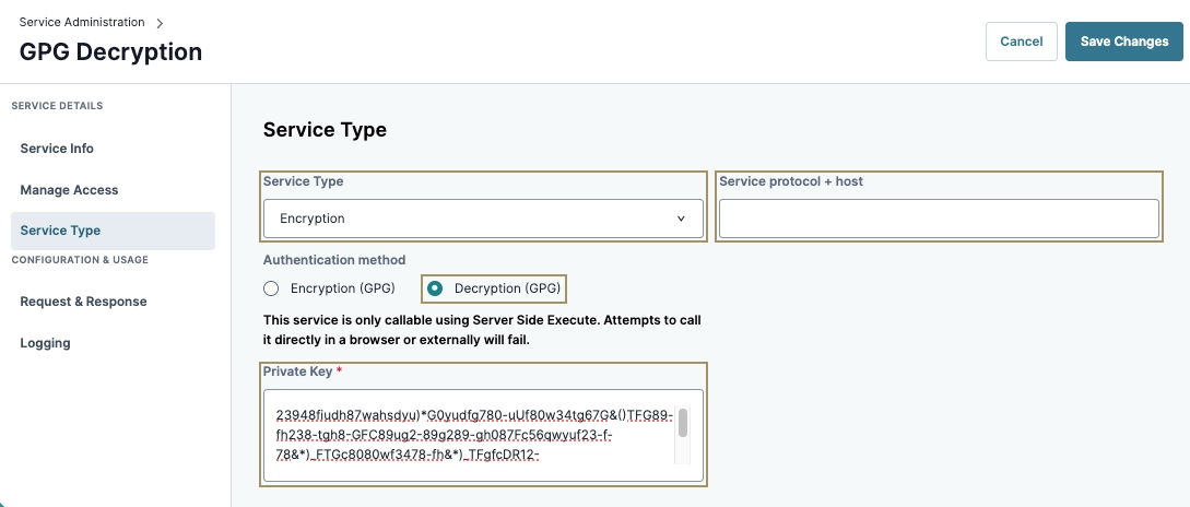 GPG Decryption settings with highlighted service type and private key fields.