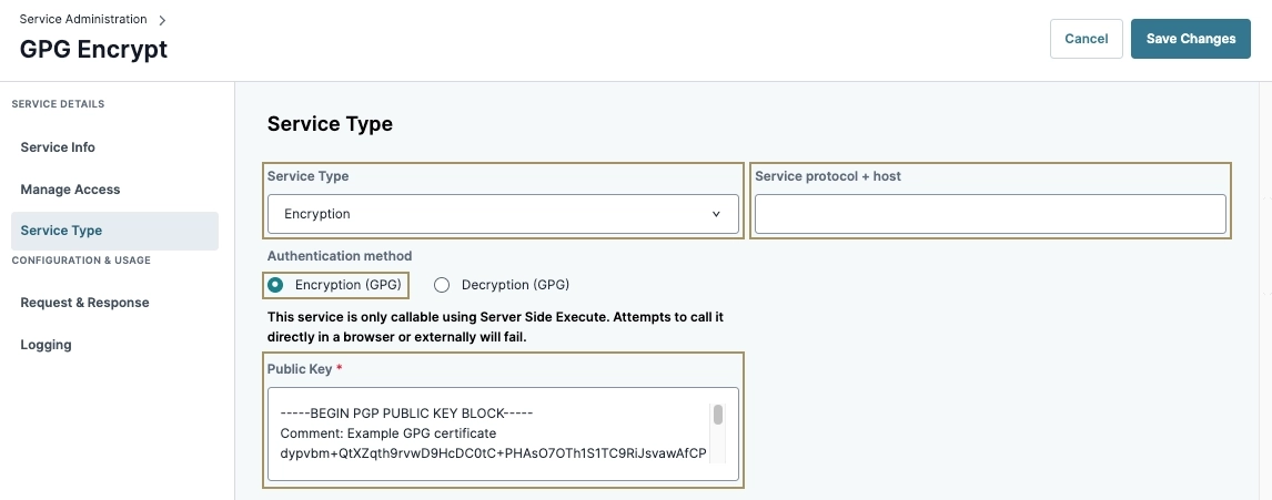 GPG Encrypt service configuration showing encryption method and public key block details.
