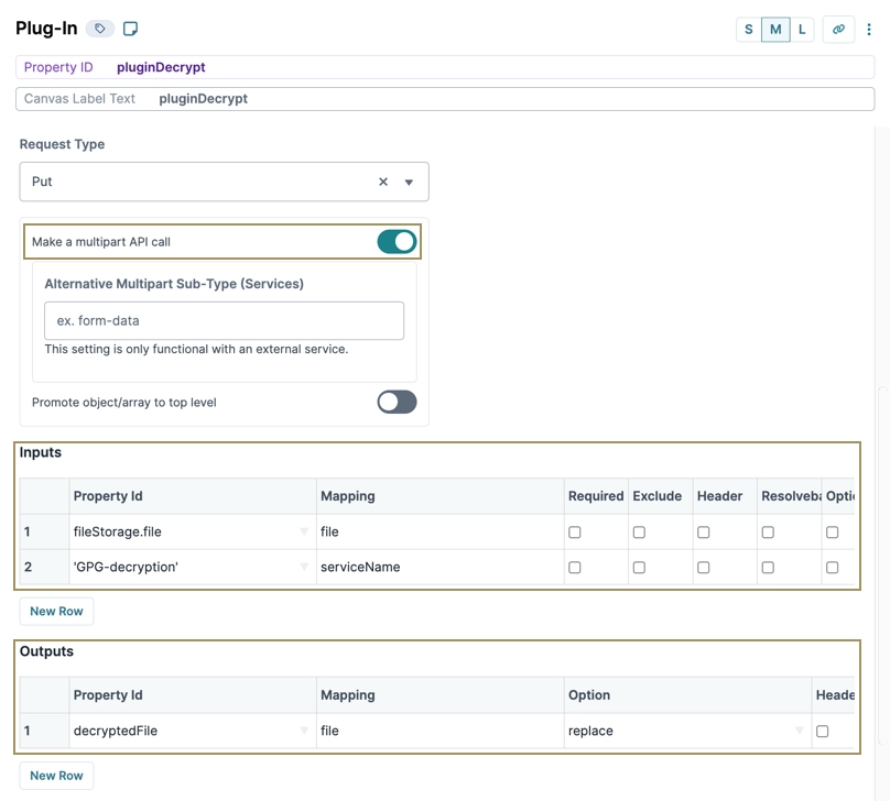 API call configuration for file decryption with required inputs and outputs listed.