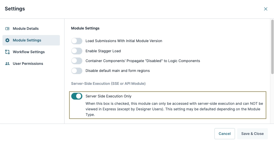Settings menu showing options for module execution and user permissions configuration.