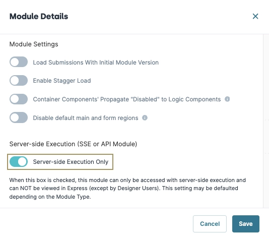 Module settings for server-side execution with various options highlighted for user selection.