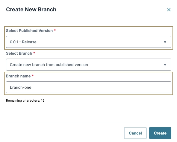 Form for creating a new branch with version and branch name fields.