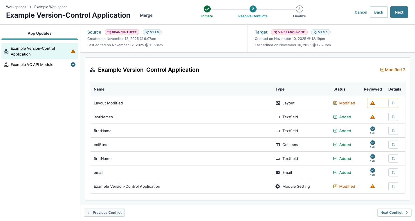 Version control application interface showing modified and added elements in a list.