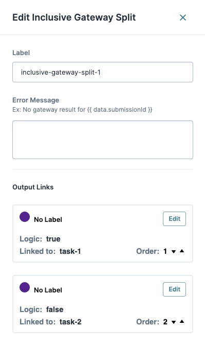 Editing an inclusive gateway split with linked tasks and error message options.