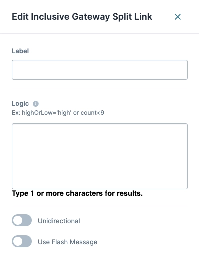 Editing settings for an inclusive gateway split link with logic and options.