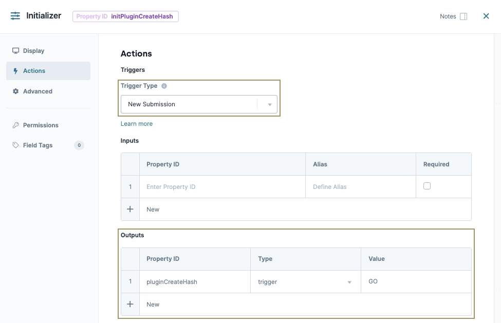 Actions section showing trigger type and input/output fields for a submission process.