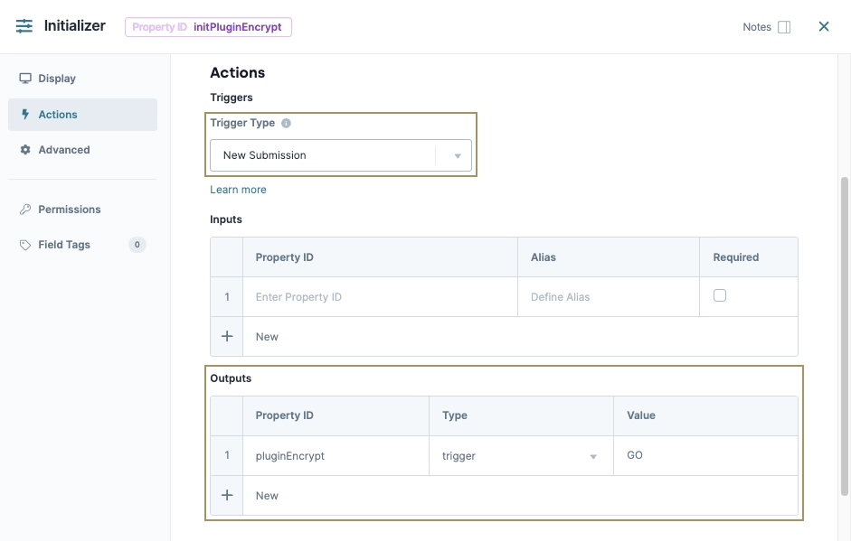 Configuration settings for a new submission trigger in a plugin initializer interface.