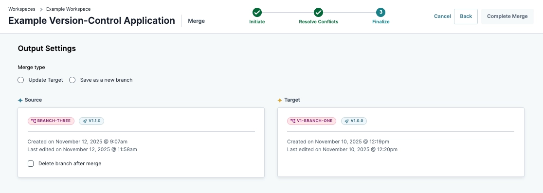 Merge settings for version control application, showing source and target branches details.