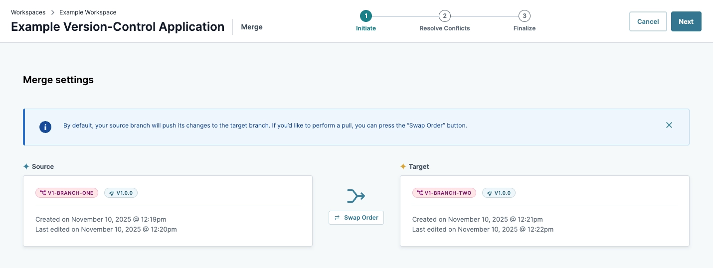 Merge settings for version control with source and target branch details displayed.
