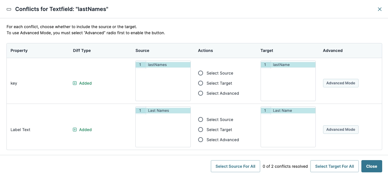 Conflict resolution options for last names in a data management interface.