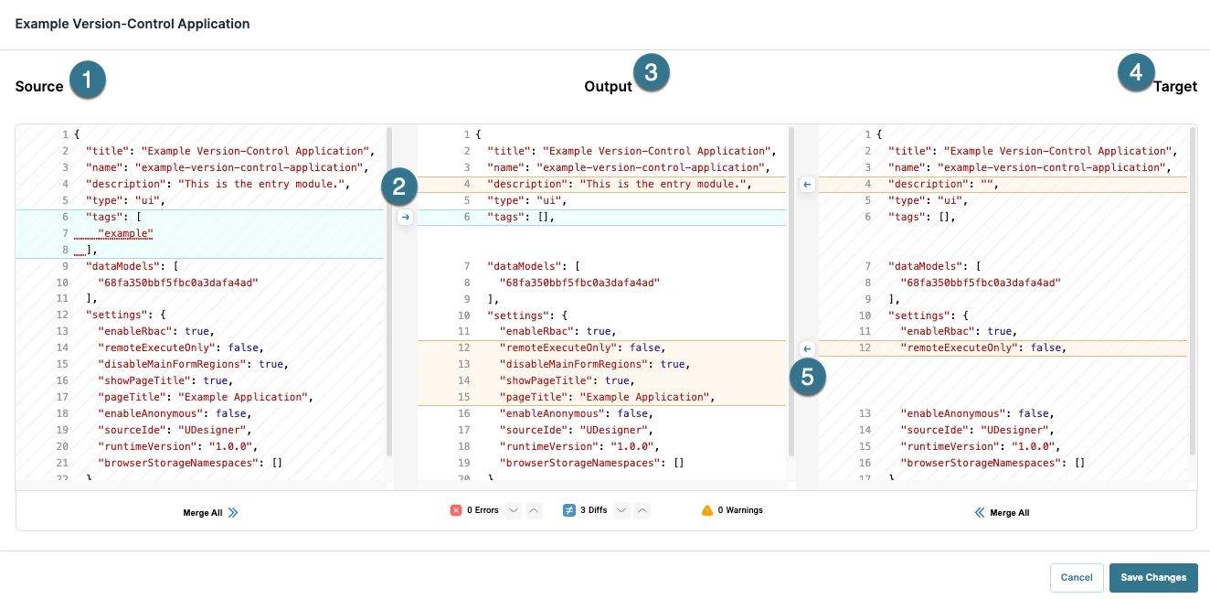 Comparison of source, output, and target code in a version-control application interface.
