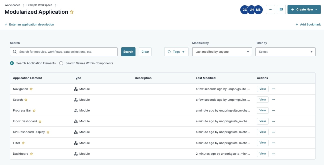 Overview of modularized application elements with search and navigation features highlighted.