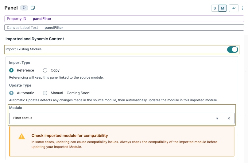 Panel settings for importing modules with options for reference and update types.