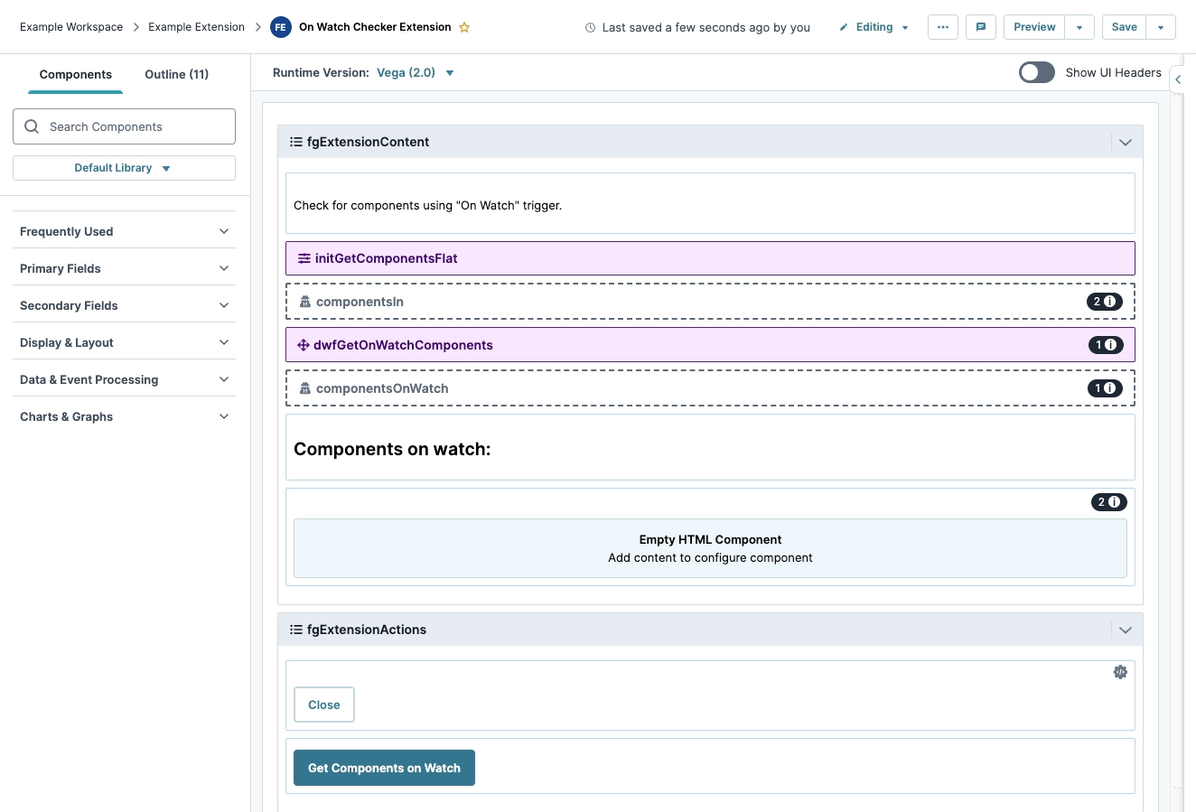 Interface displaying components for the 'On Watch' trigger in a software extension.